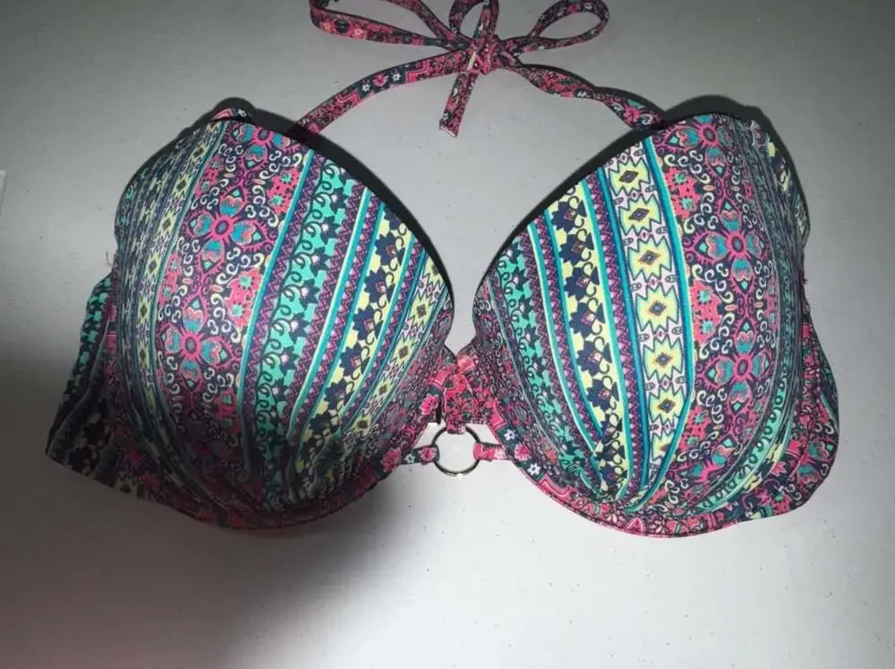 Shade & Shore Cabana Light Lift Ring Front Boho‎ Stripe Bikini Top 36D